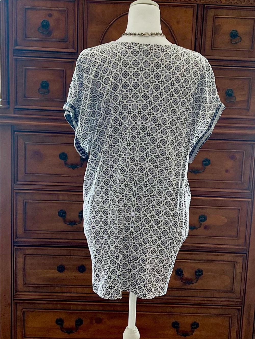 Max Studio Blue and White Printed V-Neck Tunic - Picture 3 of 7